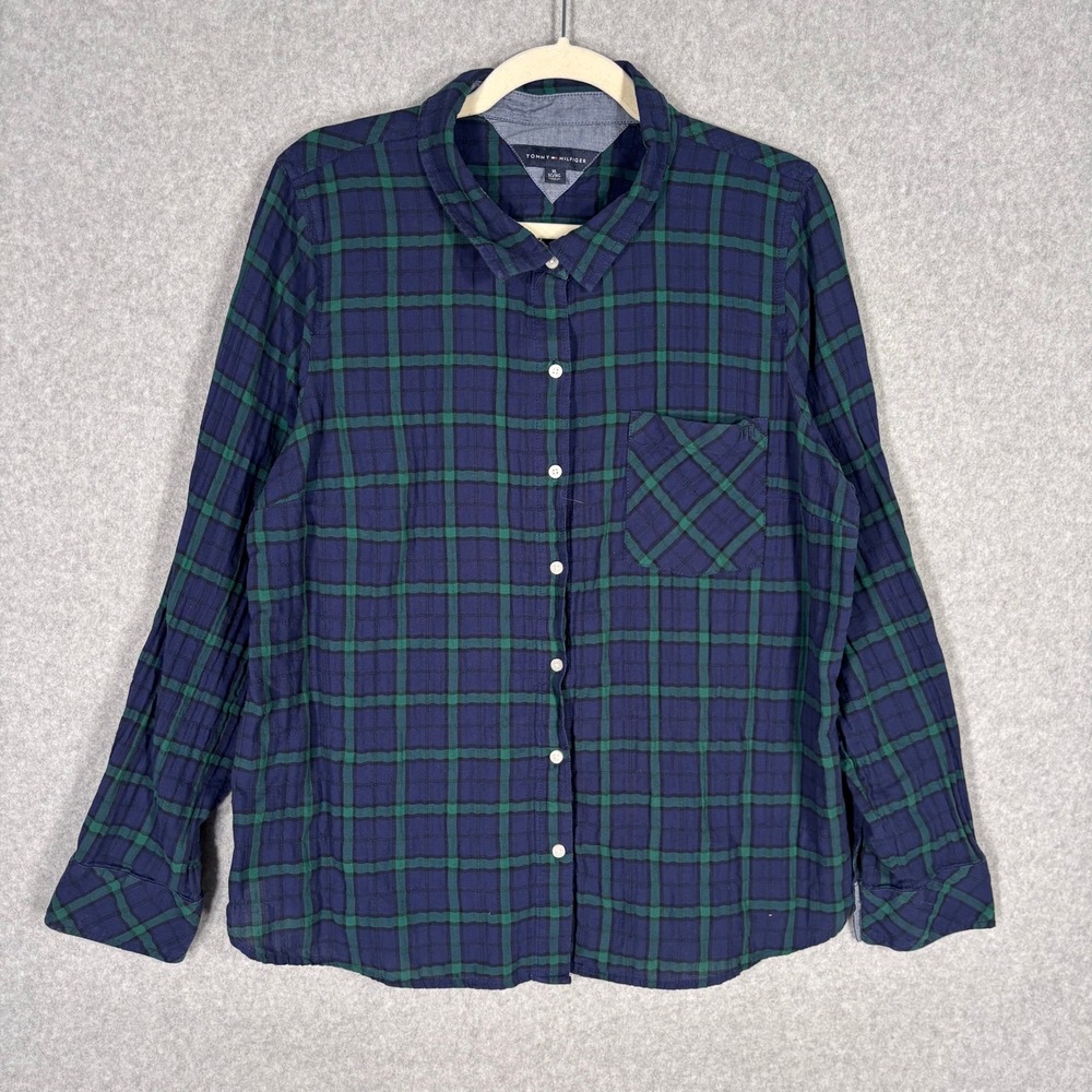 Tommy Hilfiger Tartan Seersucker Shirt XL Navy Green Button Down Preppy Cotton